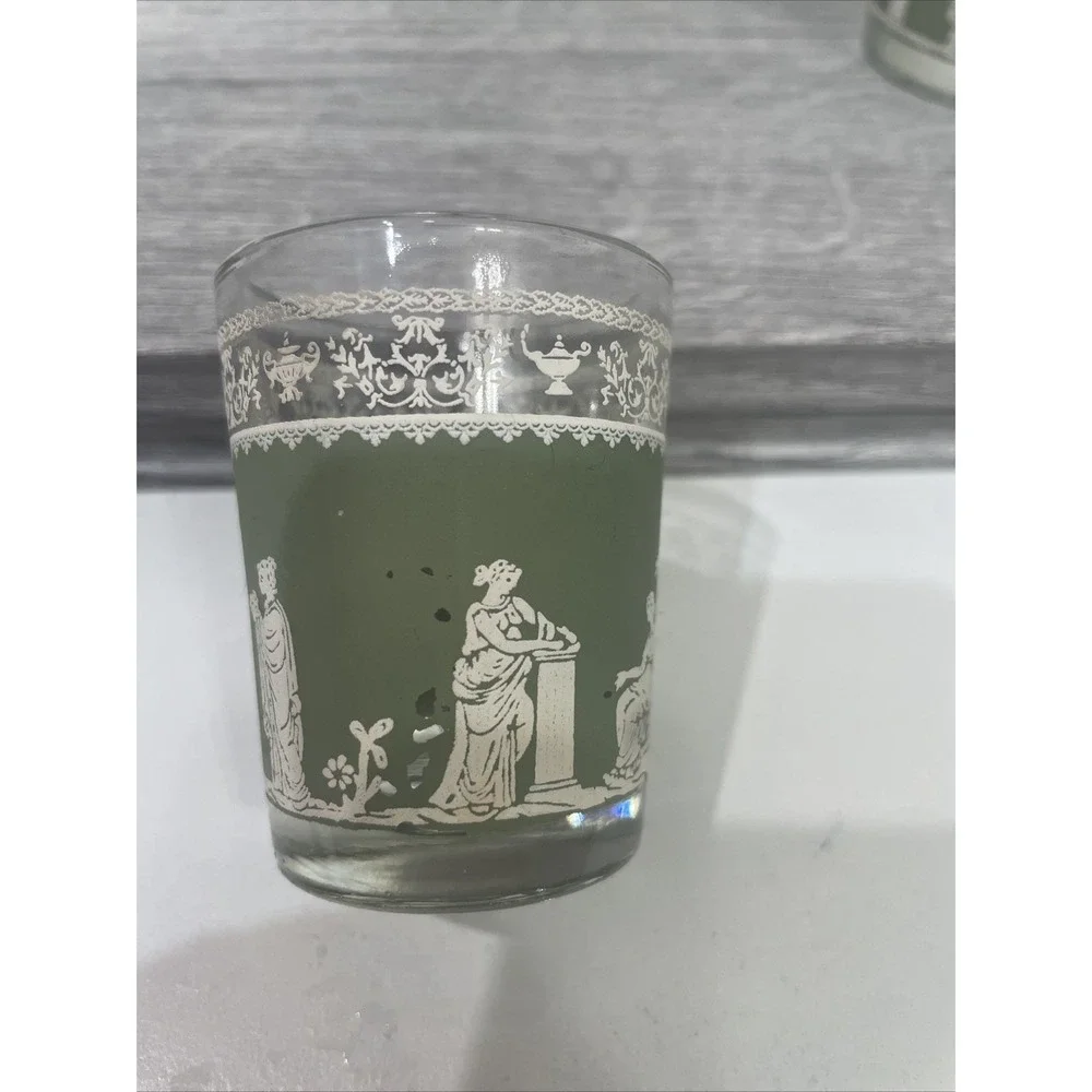 Wedgwood Jeanette Hellenic Vintage Jasperware Green Grecian 8 Shot‎ Glasses.